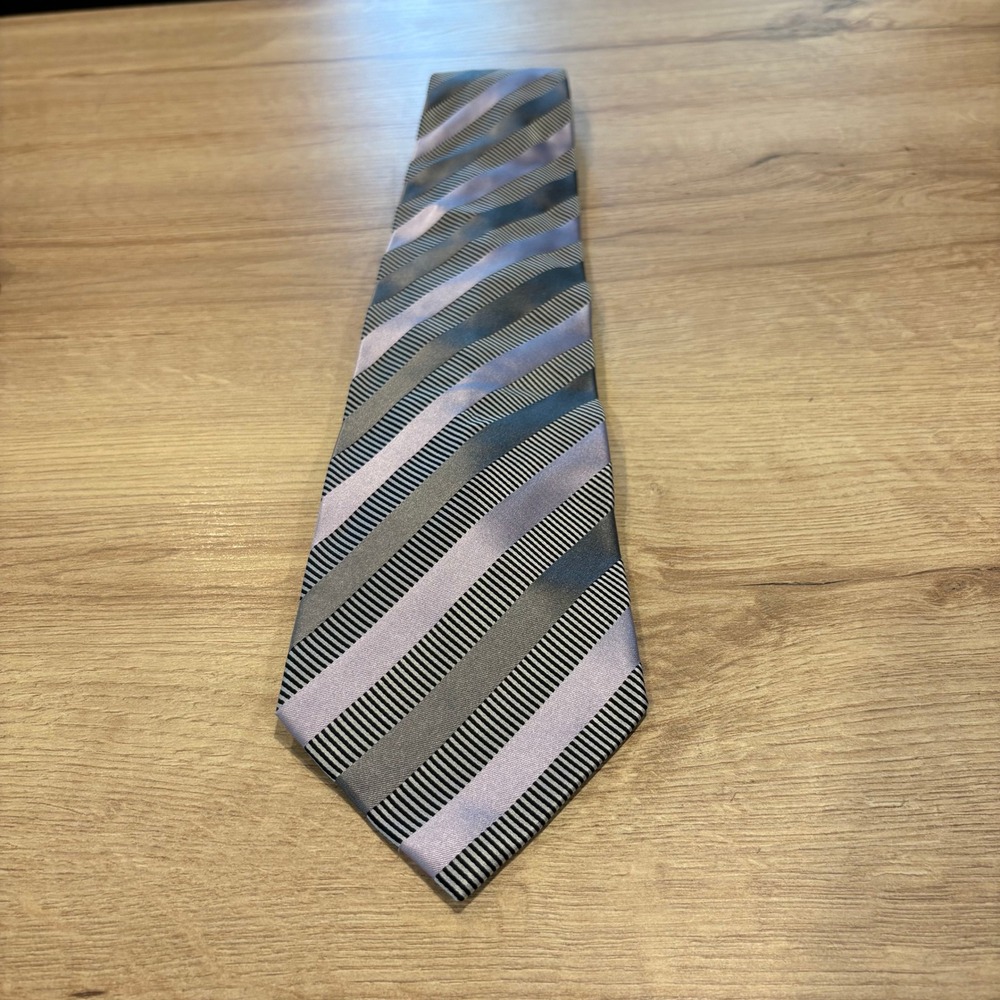 Fratelli Silk Tie Mens Lavender Grey Black Striped Hand Made in Italy Necktie